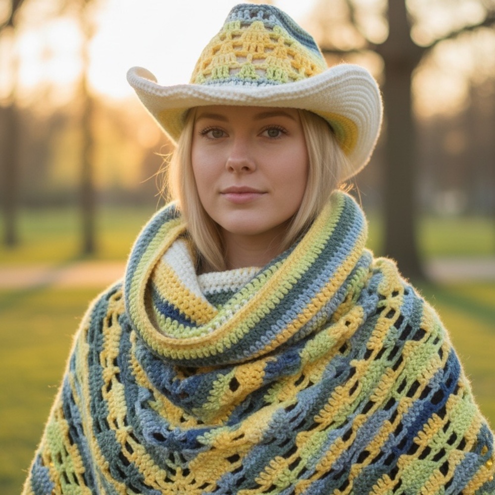 Multicolor Crochet Cowboy Hat and Poncho